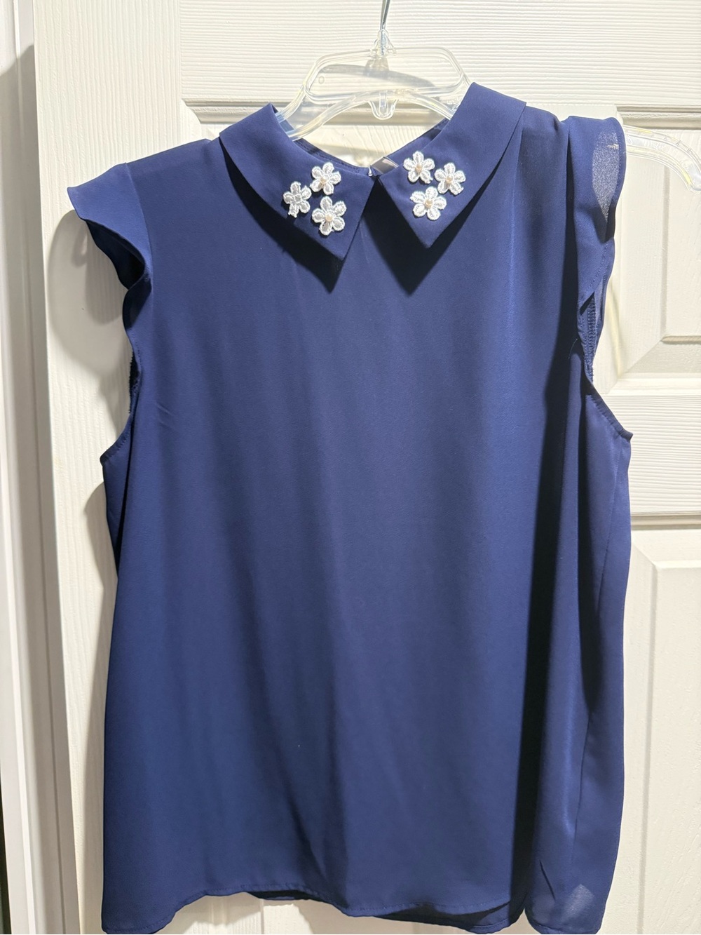 Elle Navy Sleeveless Blouse with Floral Embroidered Collar